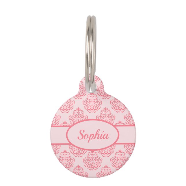 Blush Pink Damask Pattern & Custom Pet Info Pet ID Tag (Front)