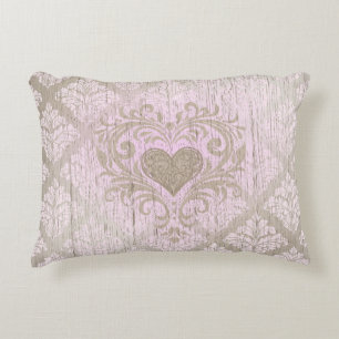 Blush Pink Damask With Heart Accent Pillow