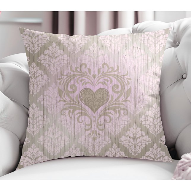 Blush Pink Damask With Heart  Throw Pillow (Creator Uploaded)