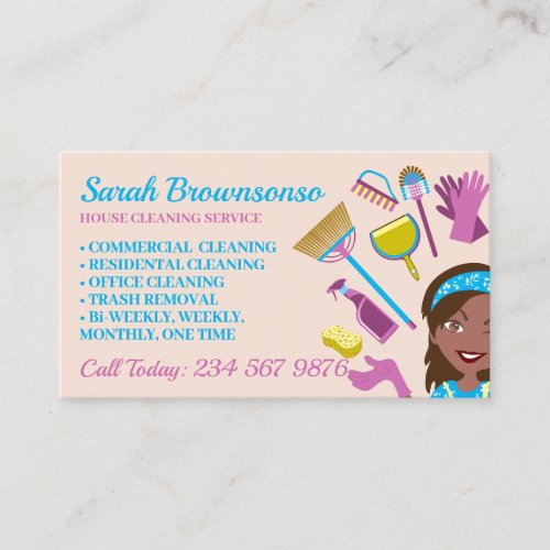 Blush Pink Dark Skin Janitorial Woman Cleaning Business Card