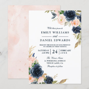 Blush Pink & Deep Navy Elegant Spring Wedding Invitation
