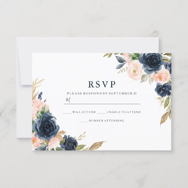 Blush Pink & Deep Navy Elegant Spring Wedding RSVP Card