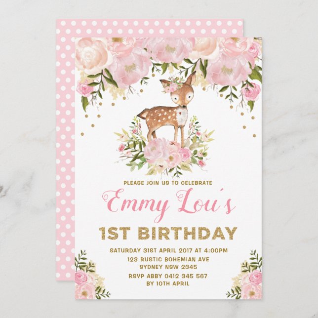 Blush Pink Deer 1st Birthday Watercolor Floral Invitation (Front/Back)