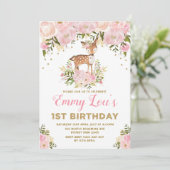 Blush Pink Deer 1st Birthday Watercolor Floral Invitation (Standing Front)