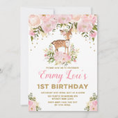 Blush Pink Deer 1st Birthday Watercolor Floral Invitation (Front)