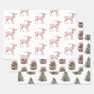 Blush Pink Deer Pine Cones Christmas Trees Wrapping Paper Sheets
