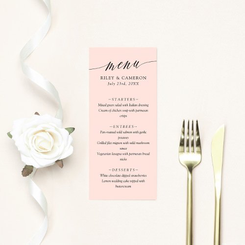 Blush Pink Delicate Calligraphy Elegant Wedding Menu