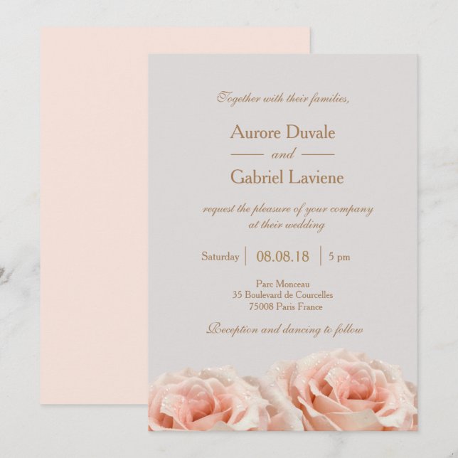 Blush Pink Dewy Roses Floral Gray Gold Wedding Invitation (Front/Back)