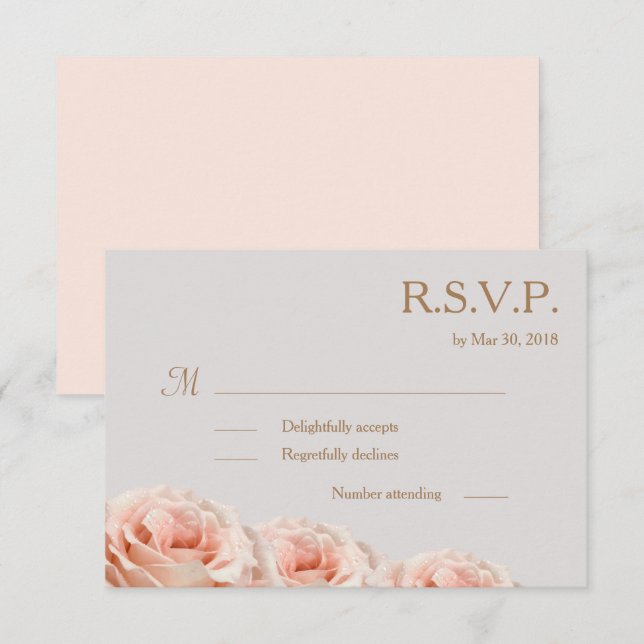 Blush Pink Dewy Roses Floral Gray Wedding RSVP Invitation (Front/Back)