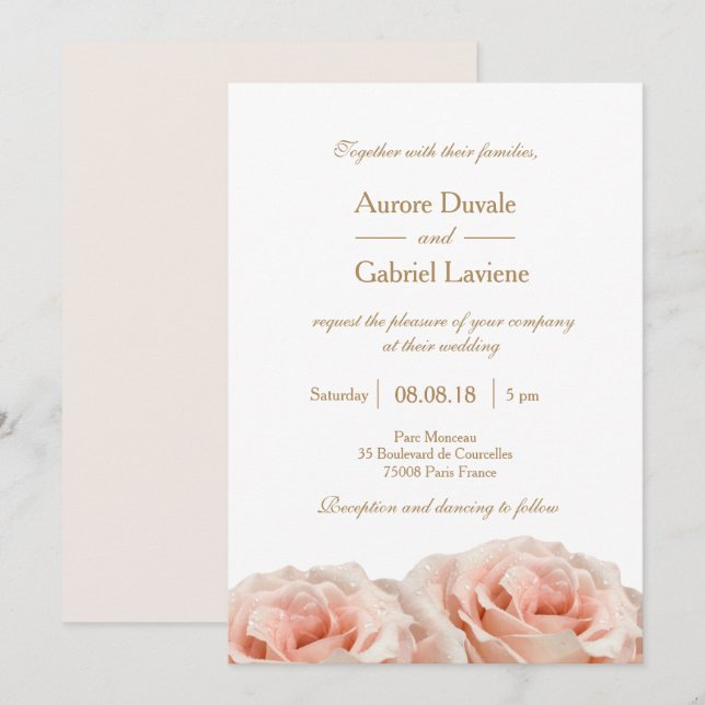 Blush Pink Dewy Roses Floral White Gold Wedding Invitation (Front/Back)