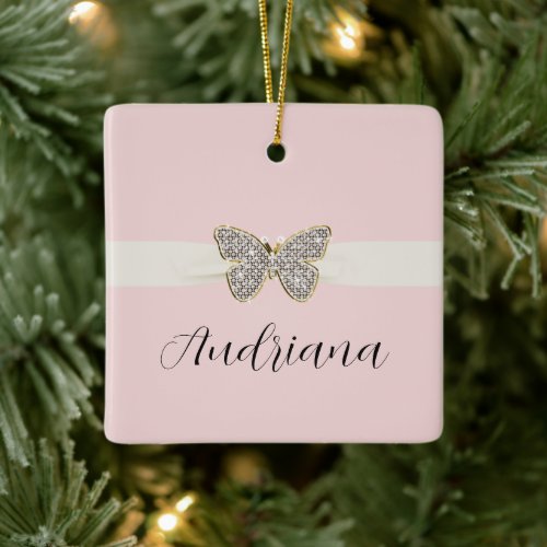 Blush Pink Diamond Butterfly Ceramic Ornament