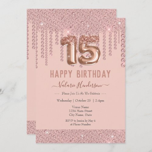 Blush Pink Diamond Drips Happy 15th Birthday