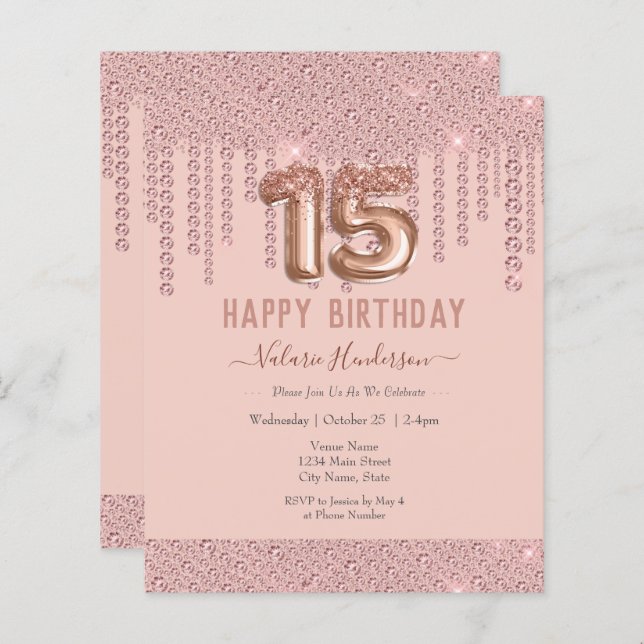 Blush Pink Diamond Drips Happy 15th Birthday (Front/Back)
