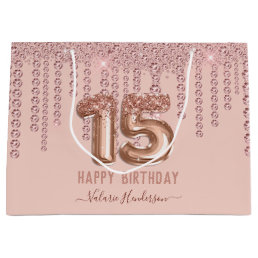 Blush Pink Diamond Drips Happy 15th Birthday Large Gift Bag