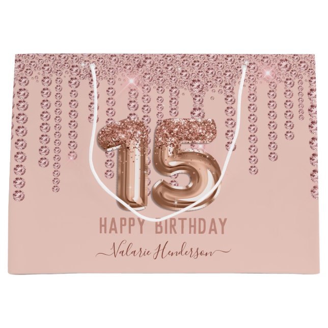 Blush Pink Diamond Drips Happy 15th Birthday Large Gift Bag (Front)