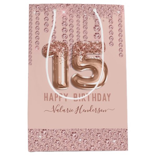 Blush Pink Diamond Drips Happy 15th Birthday Medium Gift Bag