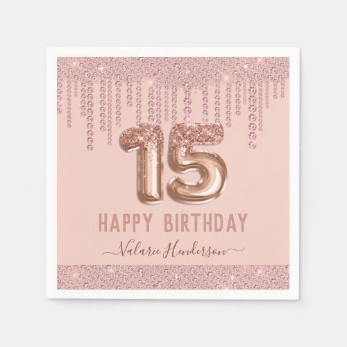 Blush Pink Diamond Drips Happy 15th Birthday Napkins