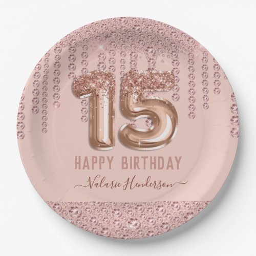 Blush Pink Diamond Drips Happy 15th Birthday Paper Plates