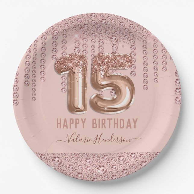 Blush Pink Diamond Drips Happy 15th Birthday Paper Plates (Front)