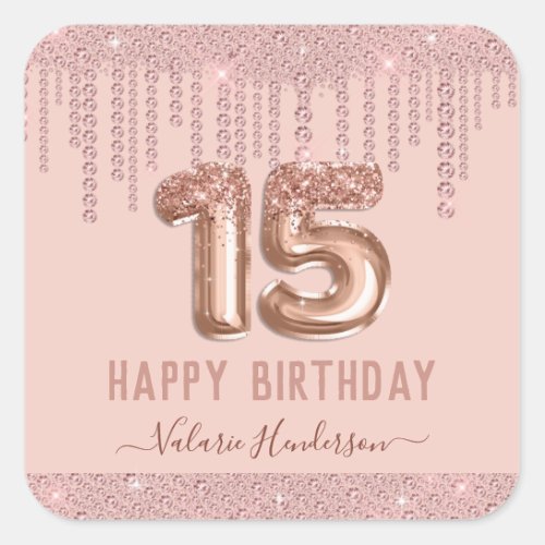 Blush Pink Diamond Drips Happy 15th Birthday Square Sticker