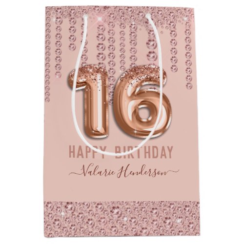 Blush Pink Diamond Drips Happy 16th Birthday Medium Gift Bag