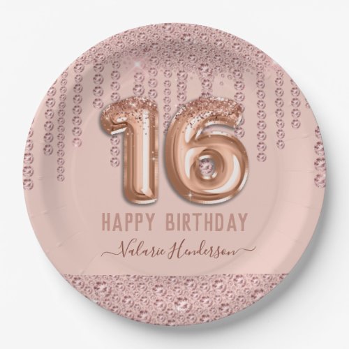 Blush Pink Diamond Drips Happy 16th Birthday Paper Plates