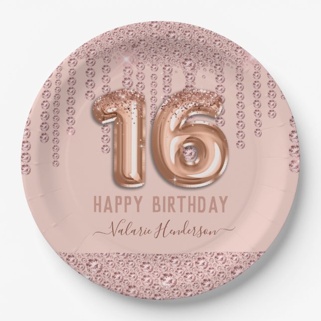 Blush Pink Diamond Drips Happy 16th Birthday Paper Plates (Front)