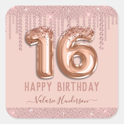 Blush Pink Diamond Drips Happy 16th Birthday Square Sticker