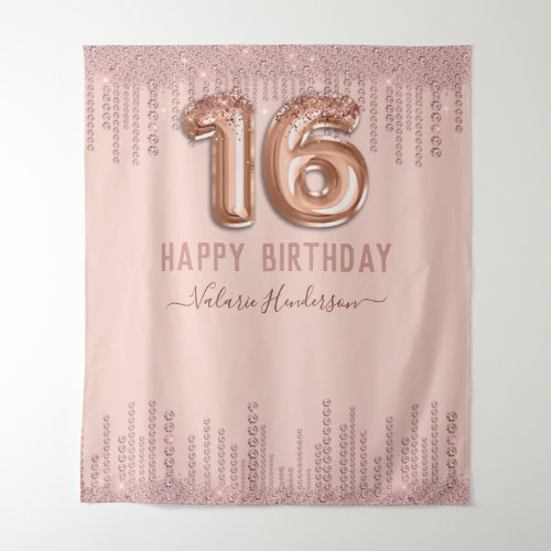 Blush Pink Diamond Drips Happy 16th Birthday Tapestry