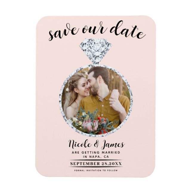 Blush Pink Diamond Ring Bling Photo Save the Date Magnet (Vertical)