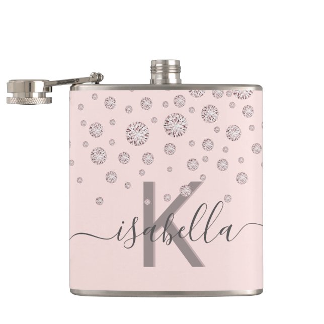 Blush pink diamonds rose gold monogram script flask (Opened)