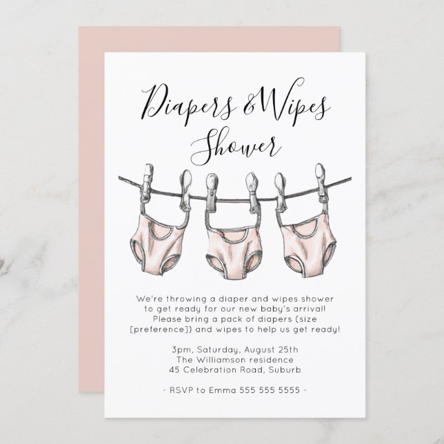 Blush Pink Diapers & Wipes Girl Baby Shower Invitation (Front/Back)