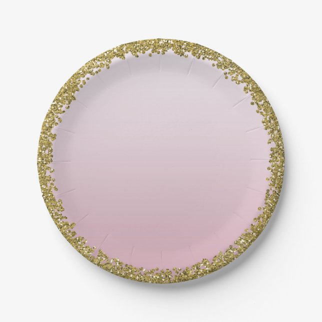 Blush Pink Dipped Gold Glitter Glam Sparkle Party Paper Plates (Front)