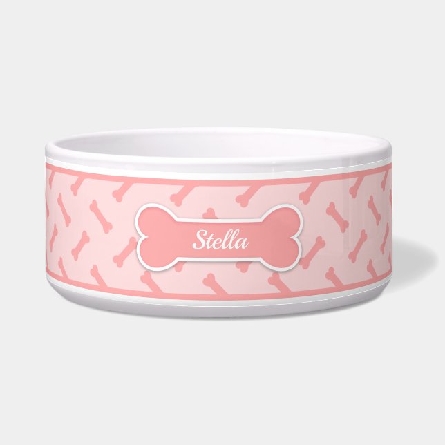 Blush Pink Dog Bone Pattern With Custom Pet Name Bowl (Front)