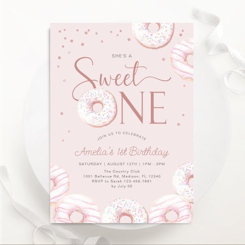 Blush Pink Donuts Sweet One 1st Birthday Invitation