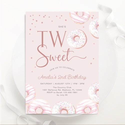 Blush Pink Donuts Sweet Two 2nd Birthday Invitation