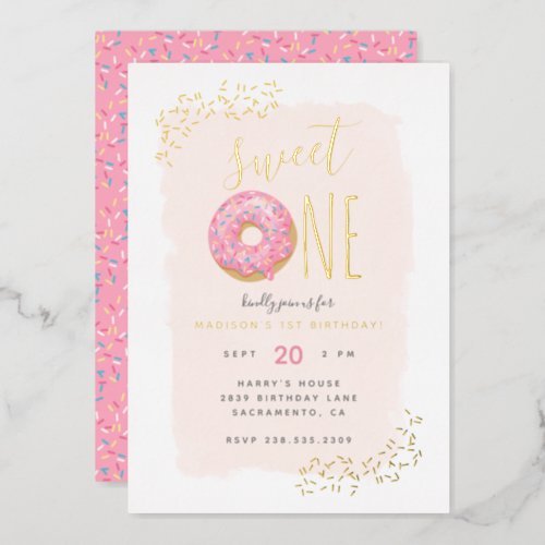 Blush  Pink Doughnut Sprinkle Sweet 1st Birthday Foil Invitation