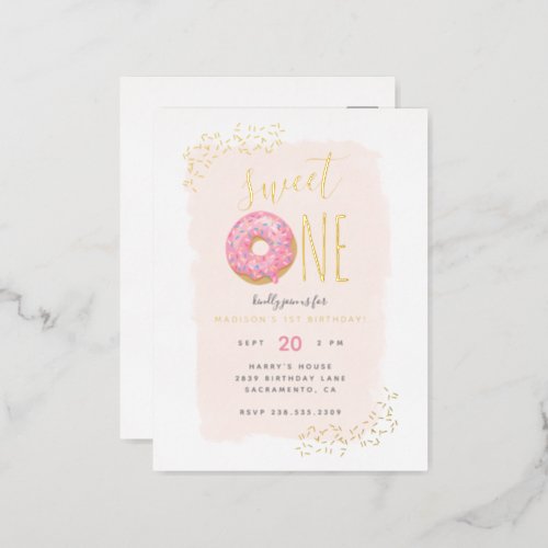 Blush  Pink Doughnut Sprinkle Sweet 1st Birthday Foil Invitation Postcard