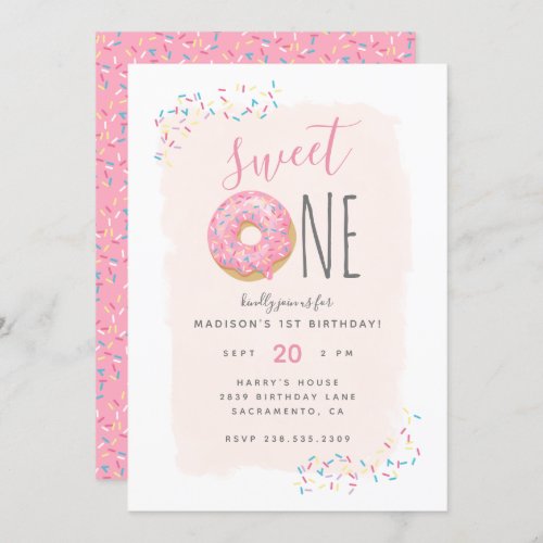 Blush  Pink Doughnut Sprinkle Sweet 1st Birthday Invitation