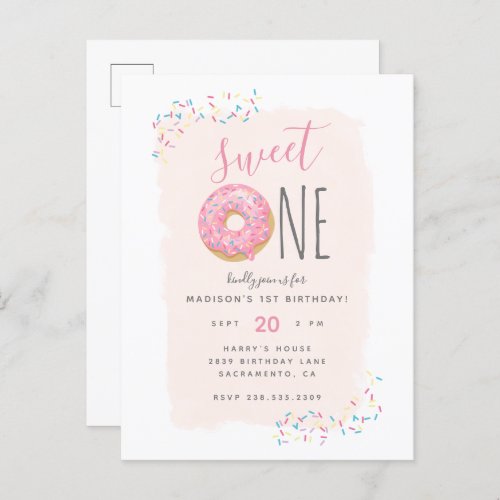 Blush  Pink Doughnut Sprinkle Sweet 1st Birthday Invitation Postcard