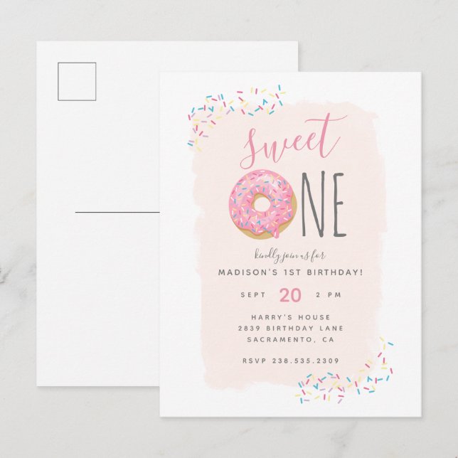 Blush | Pink Doughnut Sprinkle Sweet 1st Birthday Invitation Postcard (Front/Back)