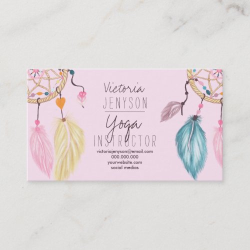 Blush pink dreamcatcher feathers yoga instructor business card