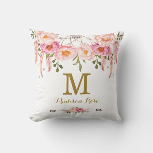 Blush Pink Dreamcatcher Monogram Nursery Decor Throw Pillow