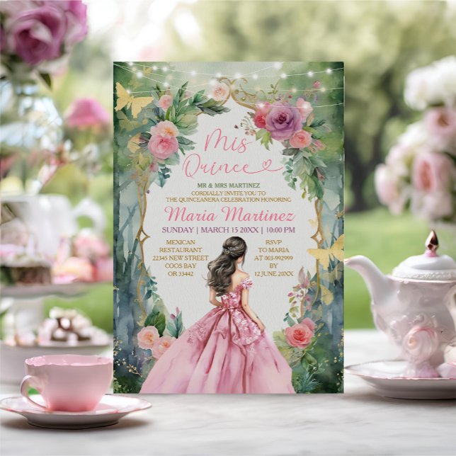 Blush Pink Dress Floral Princess Gold Mis Quince Invitation (Creator Uploaded)