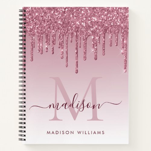 Blush Pink Drips Glitter Sparkle Monogram Script Notebook