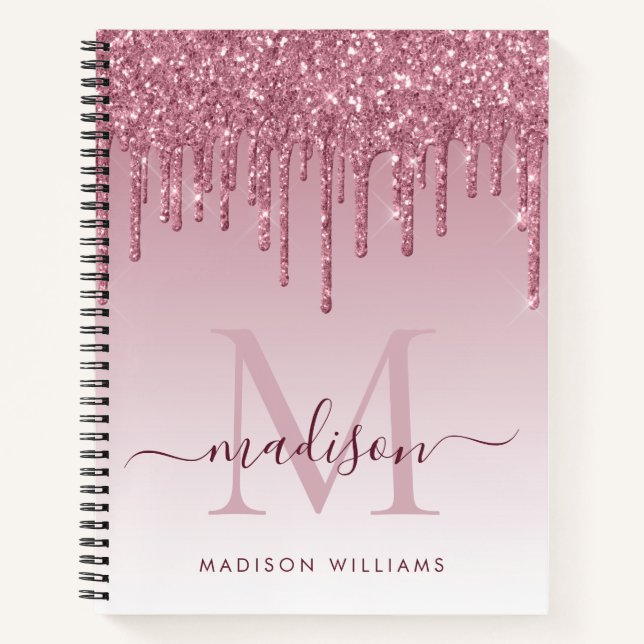 Blush Pink Drips Glitter Sparkle Monogram Script Notebook (Front)