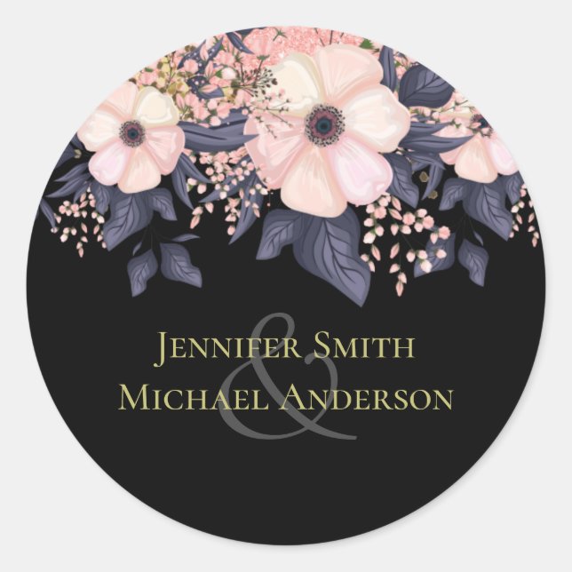 Blush Pink Dusty Blue Black Wedding Floral Budget Classic Round Sticker (Front)