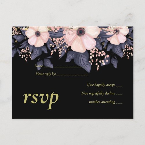 Blush Pink Dusty Blue Black Wedding Floral Budget Invitation Postcard