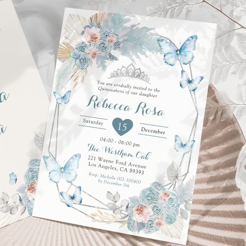 Blush Pink Dusty Blue Butterfly Royal Quinceaera Invitation