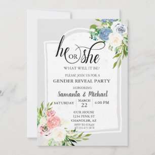 Blush Pink Dusty Blue Floral Gender Reveal Party Invitation